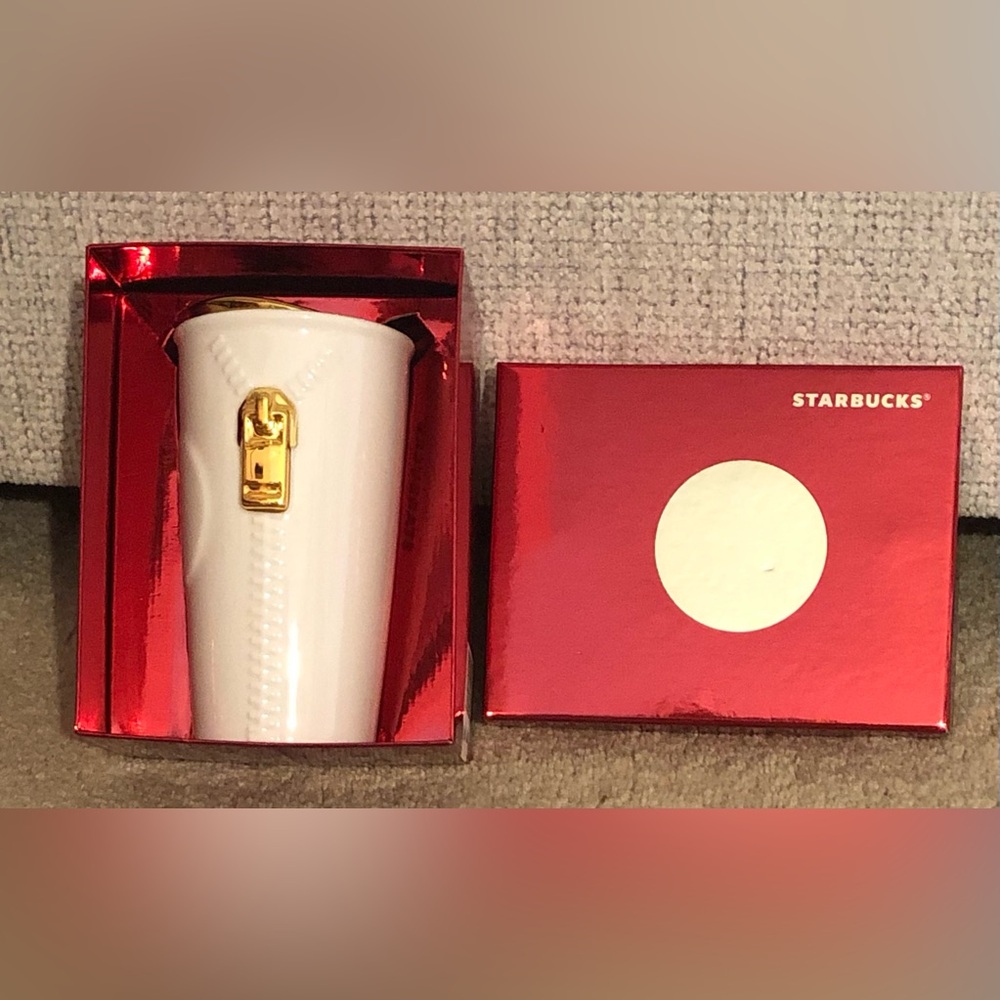 Starbucks White and Gold Zipper Travel Mug- 2015 With Red Box